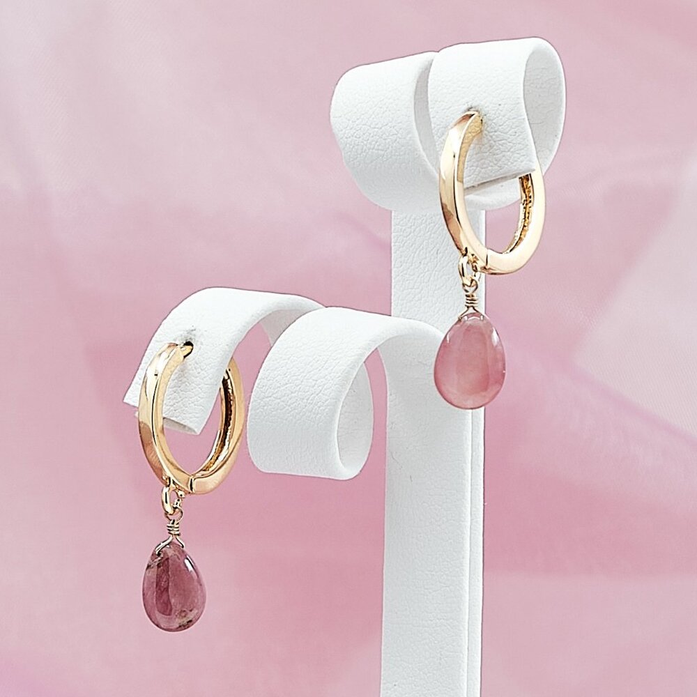 Pink Sapphire Huggie Hoop Earrings, 14K Gold Filled
